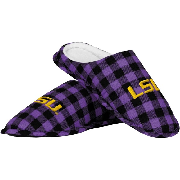 FOCO Men's 13-14 NCAA Sherpa Lined Buffalo Check Memory Foam Slippers..LSU(NWT) - Picture 4 of 5